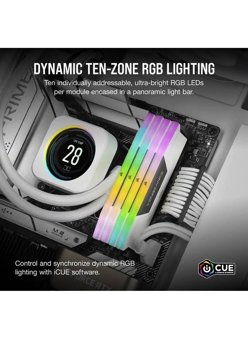 CORSAIR - Vengeance RGB 64GB (2x32GB) Desktop Memory, 288Pin DDR5 DRAM, 5200 Tested Speed, 40-40-40-77 Tested Latency, 1.25V, Overclock PMIC, Suite For Intel 600/700 Series, White | CMH64GX5M2B5200C40W - Image 1