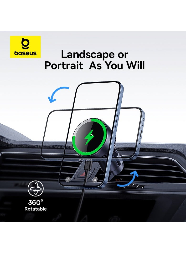 Baseus - Qi2 MagSafe Car Mount Charger, Wireless Car Charger with True Qi2-Certified and Heat Dissipation, Air Vent Magnetic Car Phone Holder with 15W Fast Charging for iPhone 15/14/13/12 Series and More Black - Image 1