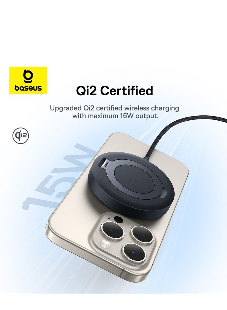 Baseus Magnetic Wireless Charger Fast Charging Pad, Qi2 Certified 15W Ultra-Fast MagSafe Compatible Wireless Charger, Built-in Stand with 4ft Cable for iPhone 15/15 Plus/Pro/15 Pro Max/14/13/12 Series Black  - Image 2