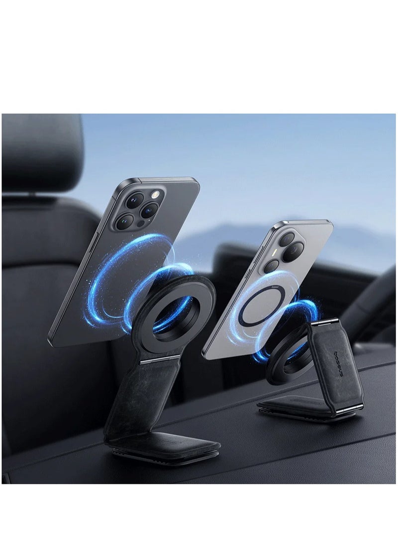 MagSafe Car Mount for Car Dashboard and Tesla Screen – Foldable Magnetic Phone Holder with Premium Metal and Leather Design – 360° Rotation, Strong Magnets for Secure Grip – Compatible with iPhone 16, 15, 14, 13, 12 Pro Max, Samsung Galaxy S25, S24, S23 – Universal Car Phone Holder for All Smartphones Black