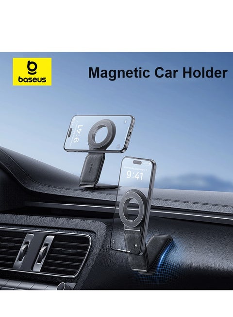 MagSafe Car Mount for Car Dashboard and Tesla Screen – Foldable Magnetic Phone Holder with Premium Metal and Leather Design – 360° Rotation, Strong Magnets for Secure Grip – Compatible with iPhone 16, 15, 14, 13, 12 Pro Max, Samsung Galaxy S25, S24, S23 – Universal Car Phone Holder for All Smartphones Black