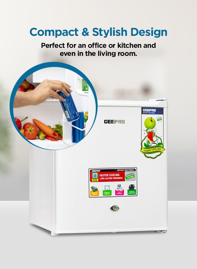 GEEPAS - Defrost Mini Fridge With Door Lock And Key Low Noise Design Compact Powerful Compressor Energy Saving, Fast Freezing 46 L GRF654WPEN White - Image 1