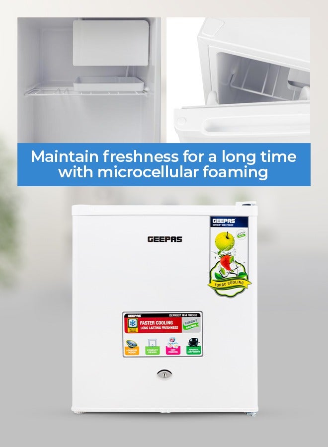 GEEPAS - Defrost Mini Fridge With Door Lock And Key Low Noise Design Compact Powerful Compressor Energy Saving, Fast Freezing 46 L GRF654WPEN White - Image 1