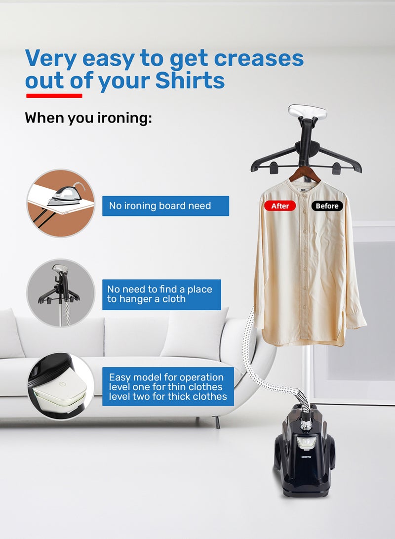 GEEPAS - Garment Steamer Foldable Hanger with Trouser Clip, 1 Power Level/ 3 l Water Detachable Tank Capacity, Suitable for all Kinds of Fabric and Safe for Delicate Fabrics 3 L 2200 W GGS9254N Black - Image 1