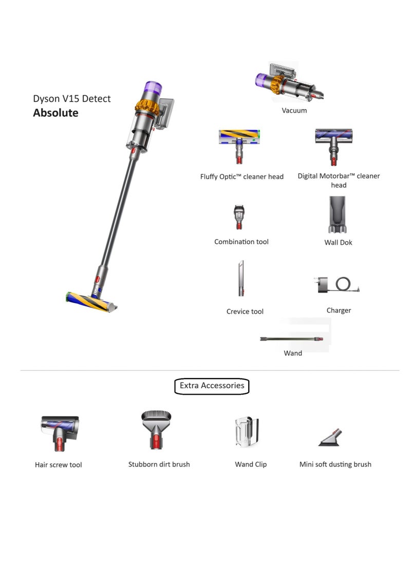 dyson Detect Absoulute Cordless Vacuum Cleaner With 4 Extra Attachment 0.77 L 660 W V15 Absolute SV47 Yellow/Nickel  - Image 2