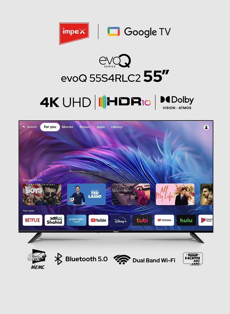 55 Inch 4K Ultra HD Smart LED Google TV With Free Wall Mount, Frameless Design, Dolby Vision Atmos And Dolby Audio, A+ Grade Panel, Support Wi-Fi, Bluetooth, Optical, HDMI ARC With eARC & USB Connectivity With Voice Remote evoQ 55S4RLC2 Black evoQ 55S4RLC2 Black - pnsku/N70087976V/45/_/1740727342/c403e585-fc22-42d1-a9de-268cd9ad4039