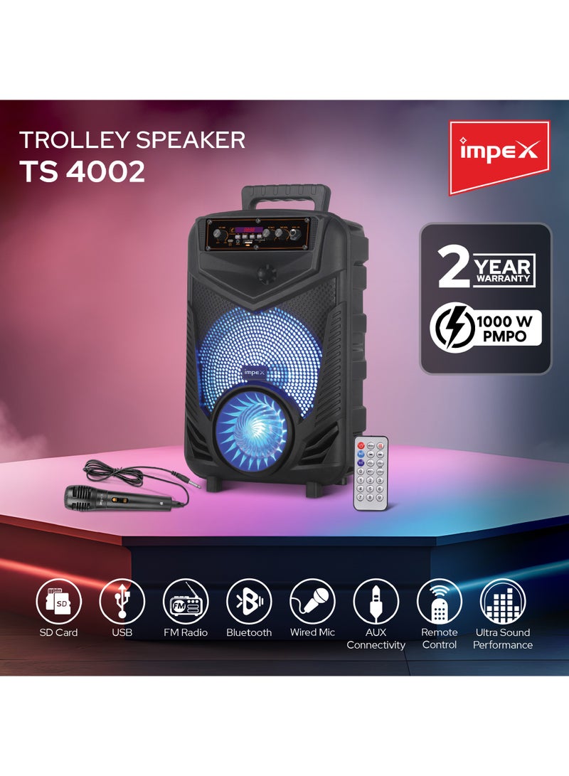 Impex Portable 1000W PMPO Trolley Speaker With Mic And Remote Control, Rechargeable 1800mAH Battery, LED Display And LED Fire Light, SD Card, FM Radio, Bluetooth And Aux- Black - Image 2