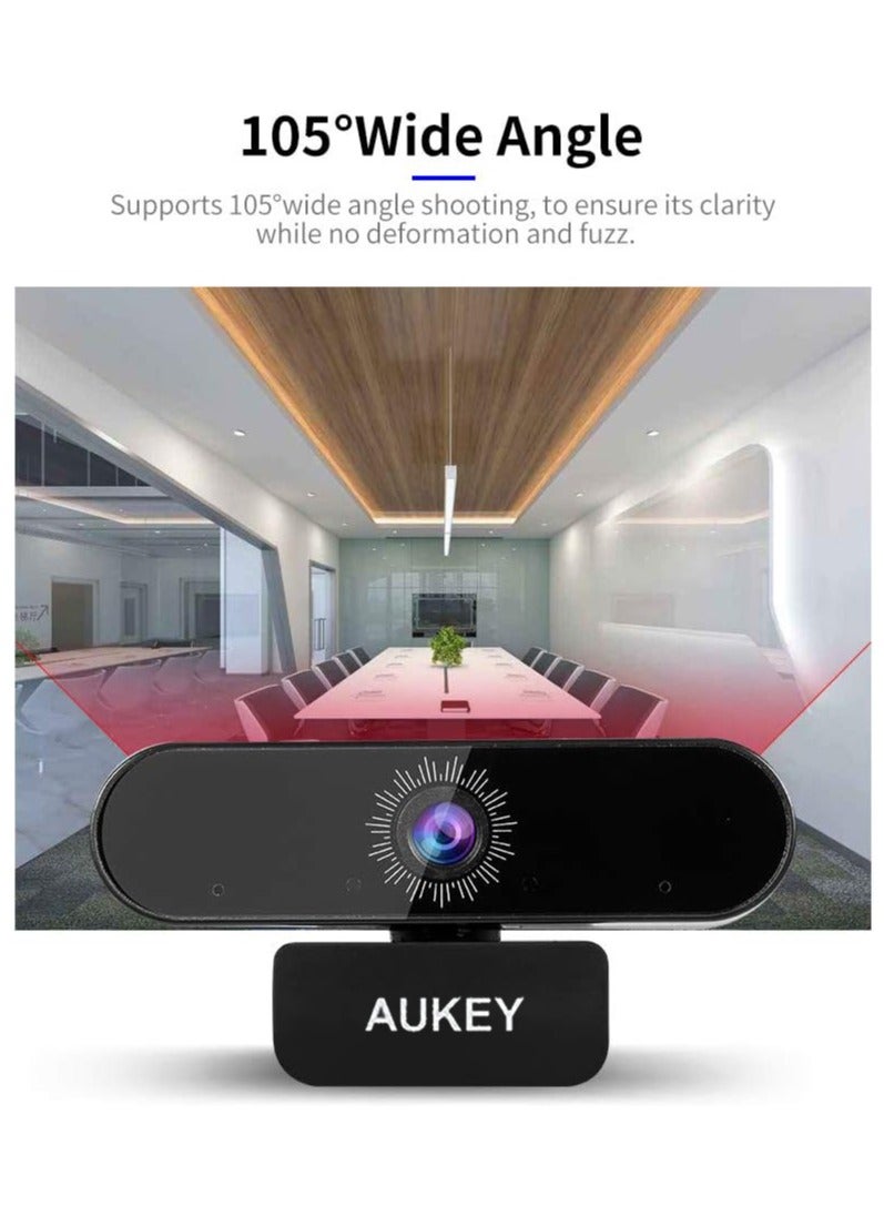 Aukey - 1080P Webcam Full HD 2 Mega Pixel With Dual Microphone, Auto focus, 30 FPS, Wide Angle 110 Black - Image 1