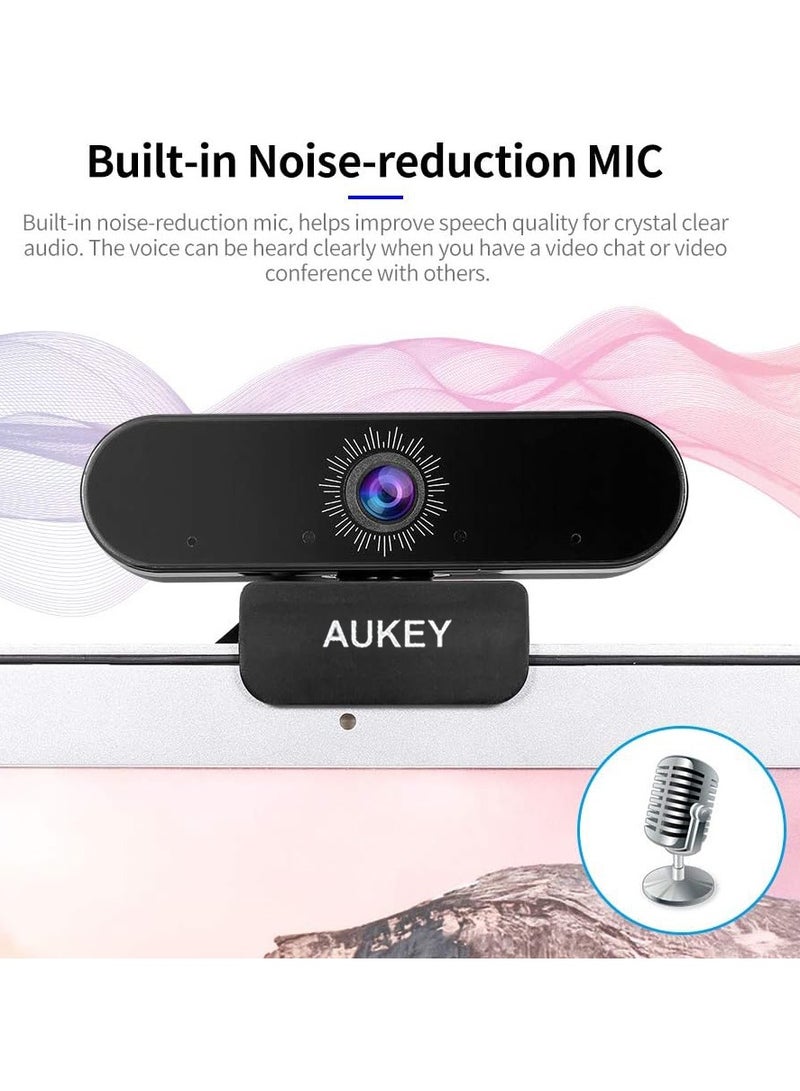 Aukey - 1080P Webcam Full HD 2 Mega Pixel With Dual Microphone, Auto focus, 30 FPS, Wide Angle 110 Black - Image 1