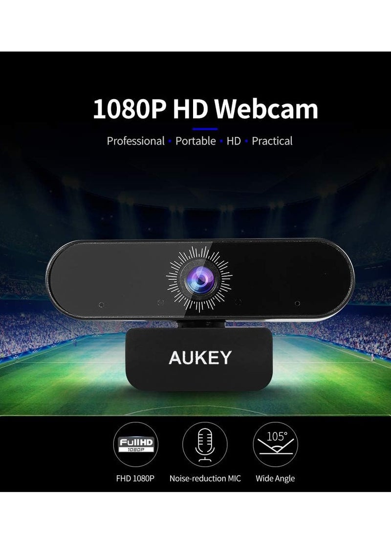 Aukey - 1080P Webcam Full HD 2 Mega Pixel With Dual Microphone, Auto focus, 30 FPS, Wide Angle 110 Black - Image 1