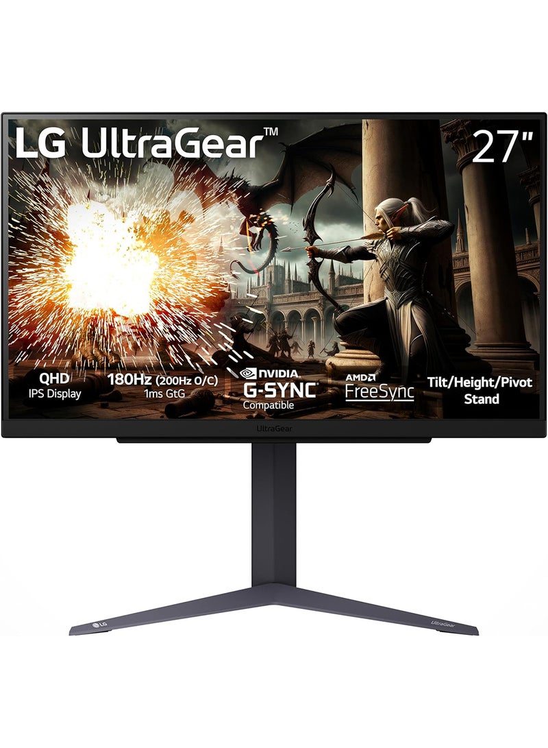 LG 27 Inch UltraGear QHD Gaming Monitor (2560 x 1440) IPS, HDMI With Response Time Upto 1ms (GTG), Refresh Rate 180Hz (Overclock to 200), AMD FreeSync, Tilt/Height/Pivot Stand, 27GS75Q Black - Image 1