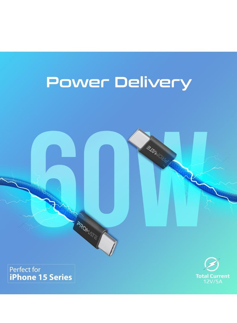 PROMATE USB-C to USB-C Cable, Premium 60W Power Delivery Fast Charging Cable with 480Mbps Data Sync and 200cm Anti-Tangle Nylon Braided Cord for iPhone 16, Galaxy S25, iPad Air, Dell XPS 17, EcoLine-CC201 - Navy  - Image 2