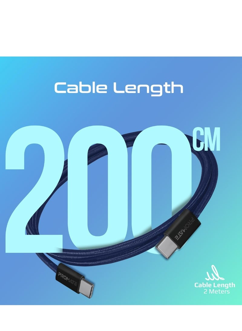 PROMATE USB-C to USB-C Cable, Premium 60W Power Delivery Fast Charging Cable with 480Mbps Data Sync and 200cm Anti-Tangle Nylon Braided Cord for iPhone 16, Galaxy S25, iPad Air, Dell XPS 17, EcoLine-CC201 - Navy  - Image 3