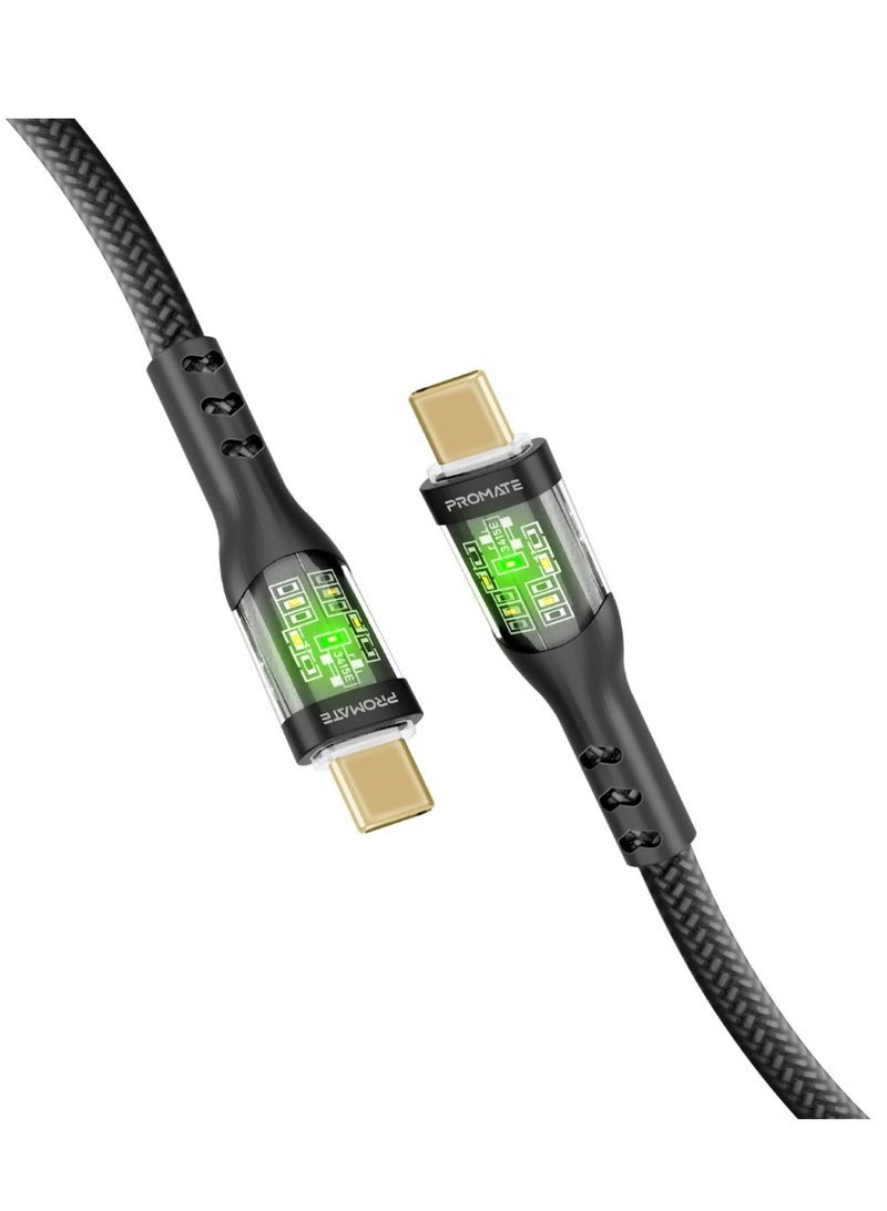 بروميت Usb-C To Usb-C Cable, Premium 60W Power Delivery Type-C Cable With Transparent Shells, 480Mbps Data Sync And 200Cm Nylon Braided Cord For iPhone 17, Galaxy S25, Macbook Pro M3, Transline-Cc200 - Black - Image 1