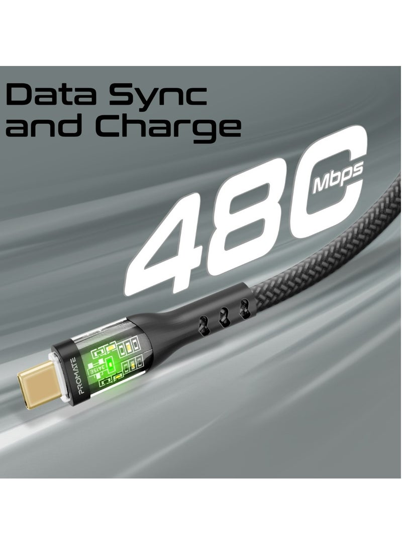 بروميت Usb-C To Usb-C Cable, Premium 60W Power Delivery Type-C Cable With Transparent Shells, 480Mbps Data Sync And 200Cm Nylon Braided Cord For iPhone 17, Galaxy S25, Macbook Pro M3, Transline-Cc200 - Black - Image 5