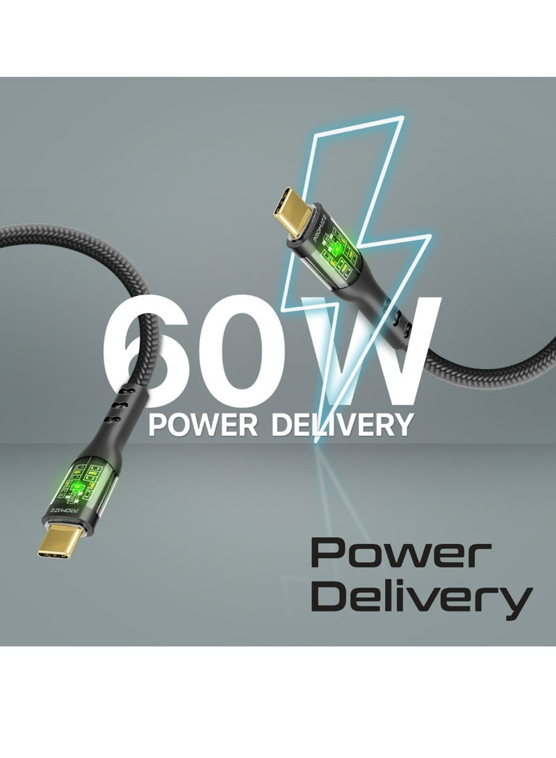 بروميت Usb-C To Usb-C Cable, Premium 60W Power Delivery Type-C Cable With Transparent Shells, 480Mbps Data Sync And 200Cm Nylon Braided Cord For iPhone 17, Galaxy S25, Macbook Pro M3, Transline-Cc200 - Black - Image 2