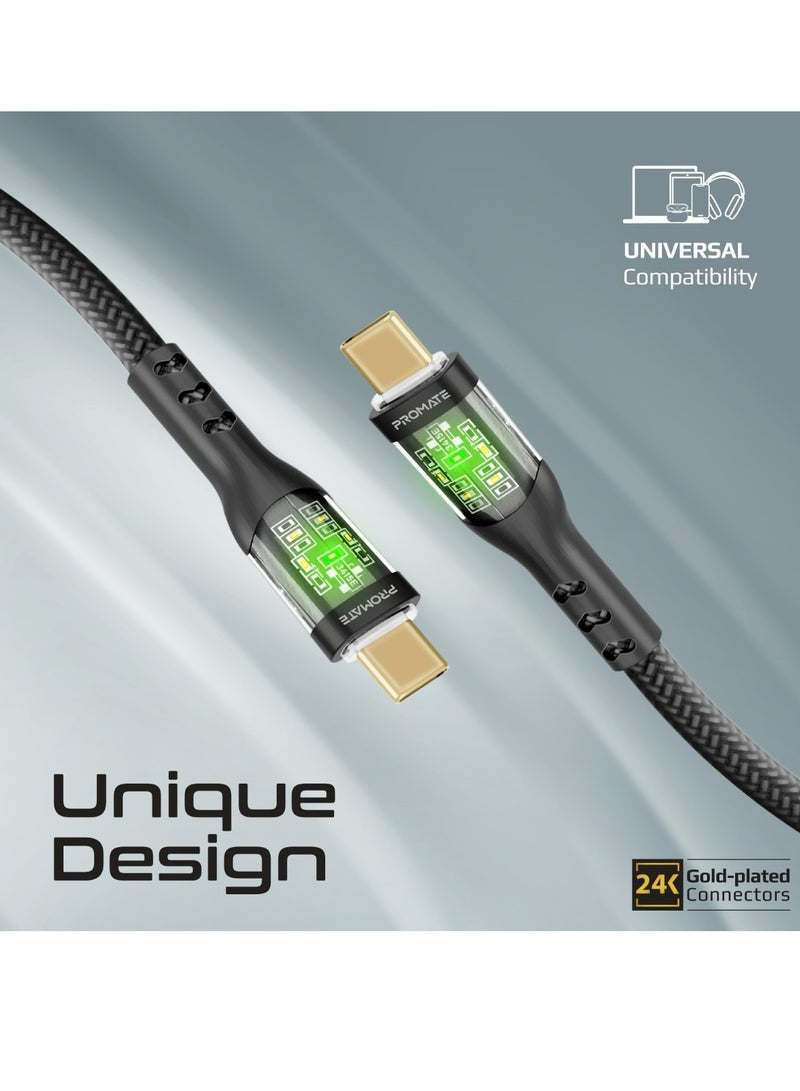 بروميت Usb-C To Usb-C Cable, Premium 60W Power Delivery Type-C Cable With Transparent Shells, 480Mbps Data Sync And 200Cm Nylon Braided Cord For iPhone 17, Galaxy S25, Macbook Pro M3, Transline-Cc200 - Black - Image 3