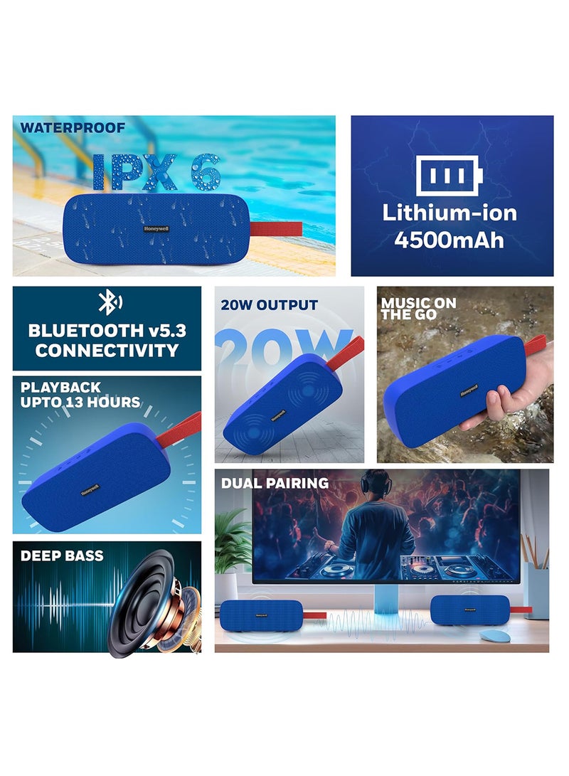 هوني ويل Trueno U300 20W 5.3 Bluetooth Speaker,Deep Bass Radiators,13H Playtime,IPX 6,TWS Feature,SD Card,USB Type-C Port,AUX,Built-in Mic and 78mm*2 Drivers, 3Yrs Manufacturer Warranty Blue  - Image 3
