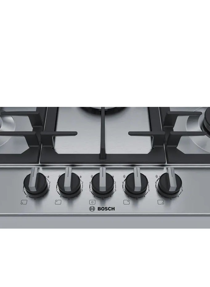 BOSCH - Built in hob 75 cm 5 burner Series 6 Pan Support Cast iron Stainless steel Frameless PCQ7A5B90 PCQ7A5B90 Silver - Image 1