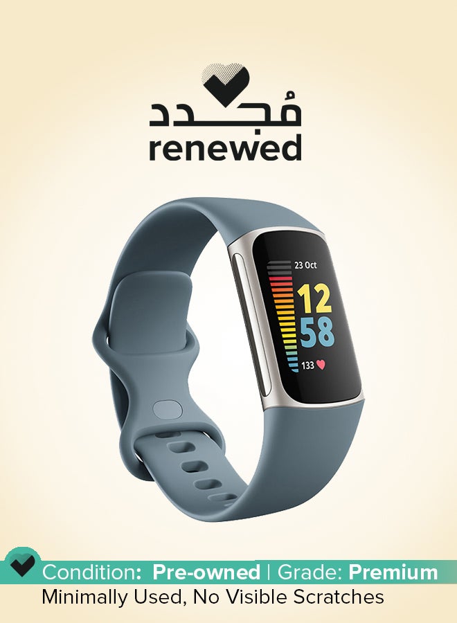 Fitbit Renewed - Charge 5 Advanced Fitness + Health Tracker Steel Blue/Platinum Stainless Steel - Image 1