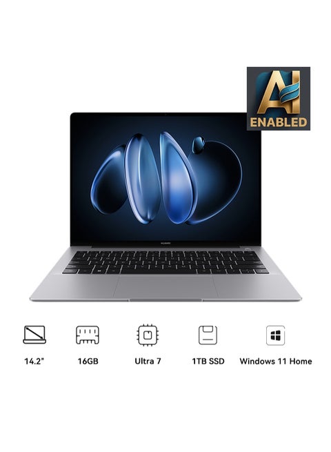 Matebook 14 Laptop, 14.2" 2.8K OLED Display, 1.31kg Ultra-Slim Design, 16GB RAM + 1 TB SSD, Ultra 7 Processor,  AI Camera Smart Conference, Super Device Drag to Connec English/Arabic Gray