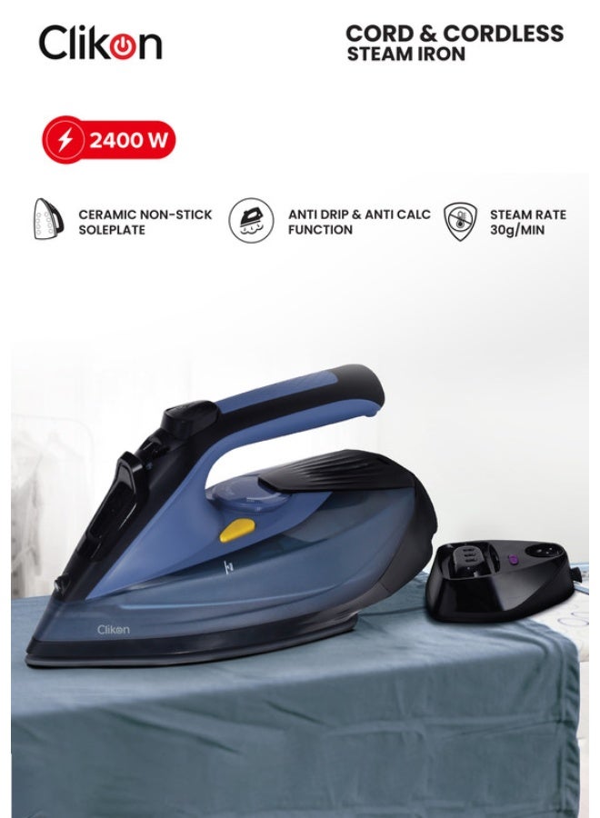 Clikon Cord & Cordless Steam Iron With Ceramic Coated Nonstick Soleplate, Anti Drip Function, Variable Steam Levels, 2 Year Warranty 230 ml 2400 W CK4129 Blue/Black - Image 1