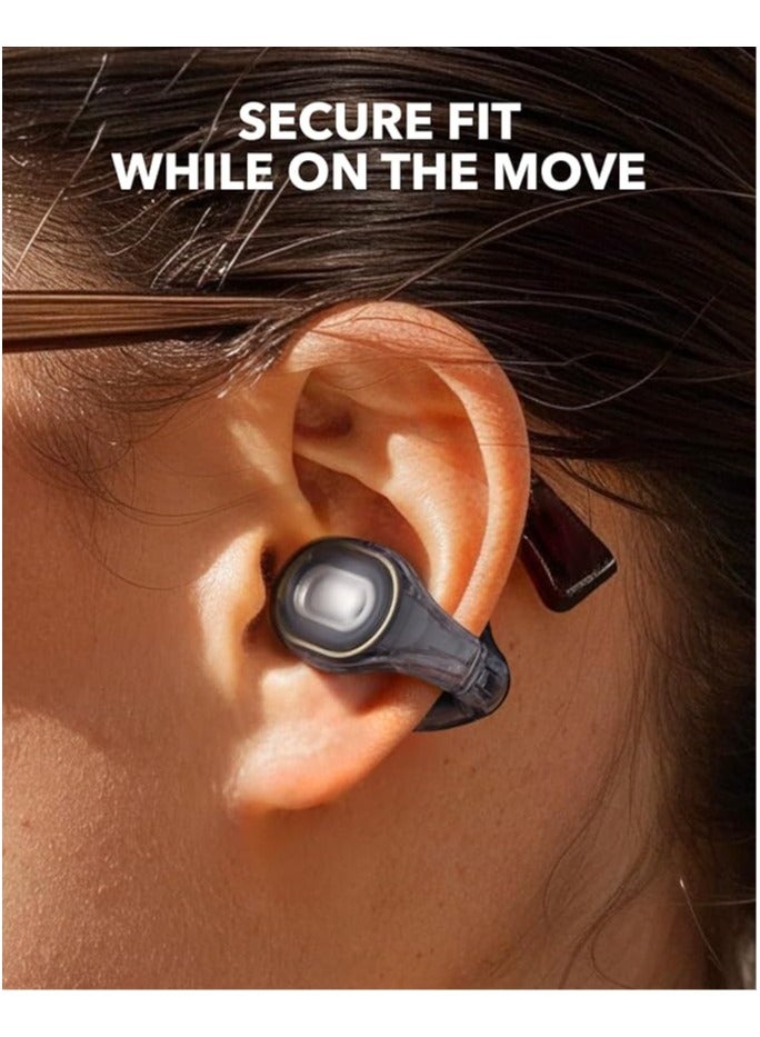 Open-Ear Earbuds, Clip-On Headphones, Lightweight Comfort, Stable Fit, Firm-Shell Design, Attachable Ear Grips, Big Drivers for Clear Audio, 30H Play, IPX4 Water-Resistant Black