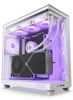 ان زد اكس تي علبة تدفق هواء مدمجة ثنائية الغرف من طراز H6 Flow RGB CC-H61FW-R1 متوسطة الحجم تتضمن 3 مراوح RGB مقاس 120 مم ولوحات زجاجية بانورامية ولوحات تدفق هواء عالية الأداء وإدارة الكابلات باللون الأبيض  - Image 1