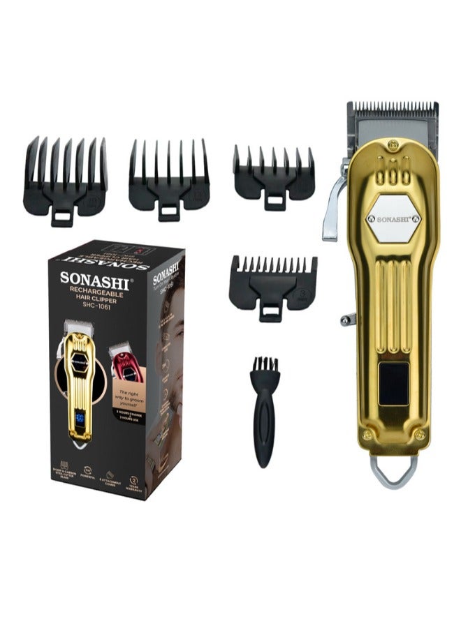 SONASHI - Rechargeable Hair Clipper With Digital LCD Display 3 Hours Continuous Working Sharp And Carbon Steel Blade with High-Quality Metal Body Chargeable and Cordless Power 1000mA Golden SHC-1061 Golden - Image 1
