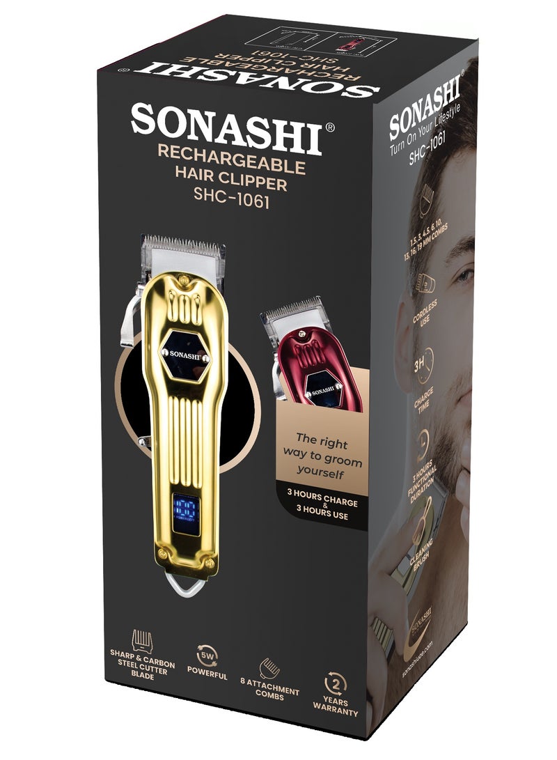 SONASHI - Rechargeable Hair Clipper With Digital LCD Display 3 Hours Continuous Working Sharp And Carbon Steel Blade with High-Quality Metal Body Chargeable and Cordless Power 1000mA Golden SHC-1061 Golden - Image 1