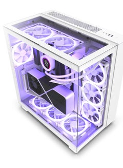 ان زد اكس تي علبة ألعاب كمبيوتر H9 Elite ثنائية الغرف ATX متوسطة الحجم - تتضمن 3 مراوح F120 RGB مقاس 120 مم مع وحدة تحكم - ألواح زجاجية أمامية وعلوية وجانبية ودعم مشعاع 360 مم وإدارة الكابلات باللون الأبيض  - Image 1