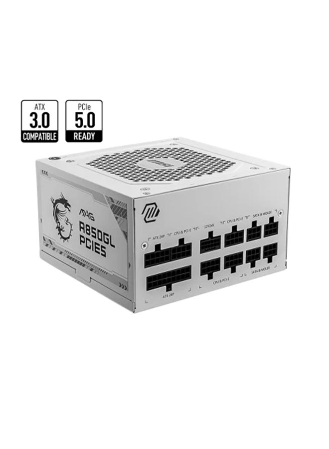 MSI MAG A850GL PCIE5 850W Modular Power Supply, Intel ATX12V Version 3.0, 120mm Cooling Fan, 80 Plus Gold Efficiency Rating, 4 x PCIe 6+2-Pin Connectors, 8 x SATA Connectors, 306-7ZP8A31-CE0 White  - Image 2