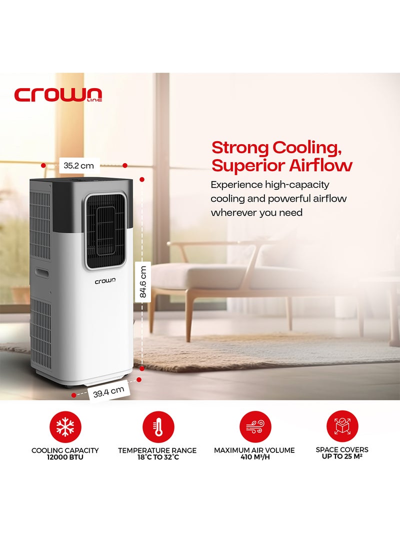 Portable Air Conditioner, 12,000 BTU (1 Ton), 4-in-1 Cooling, Dehumidifier, Fan, Auto Mode, 3 Fan Speeds, Touch Screen, Remote Control, 4H Timer, 18-32°C, 410m³/h Airflow 1350 W PAC-405 White