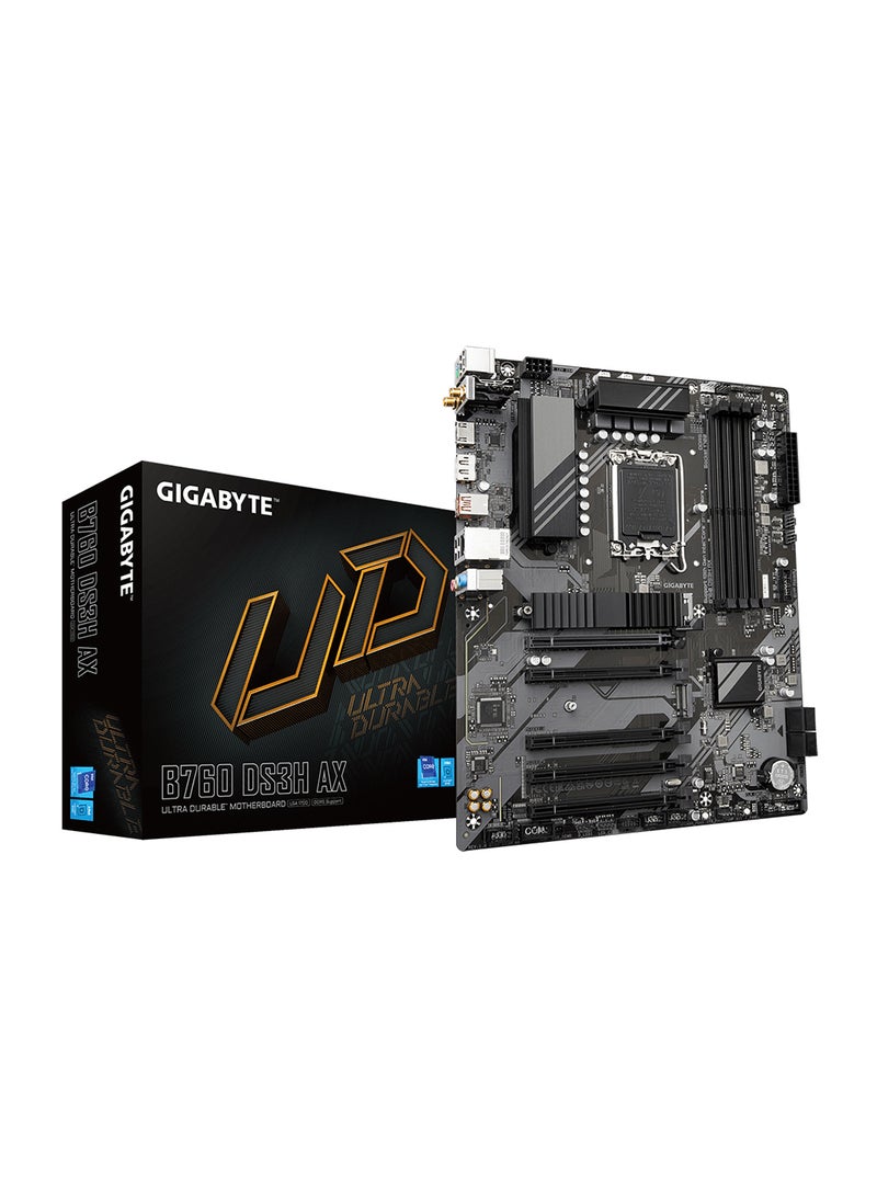 جيجابايت اللوحة الأم B760 DS3H AX LGA 1700 ATX، مجموعة شرائح Intel B760، 4 × DDR5 DIMM، ذاكرة تصل إلى 192 جيجابايت، Wi-Fi 6E AX21، BT 5.3، 1x PCI Ex16، 1x M.2، 1x HDMI، 1x DP، USB Type-C | بي 760 دي اس 3 اتش ايه اكس  - Image 1