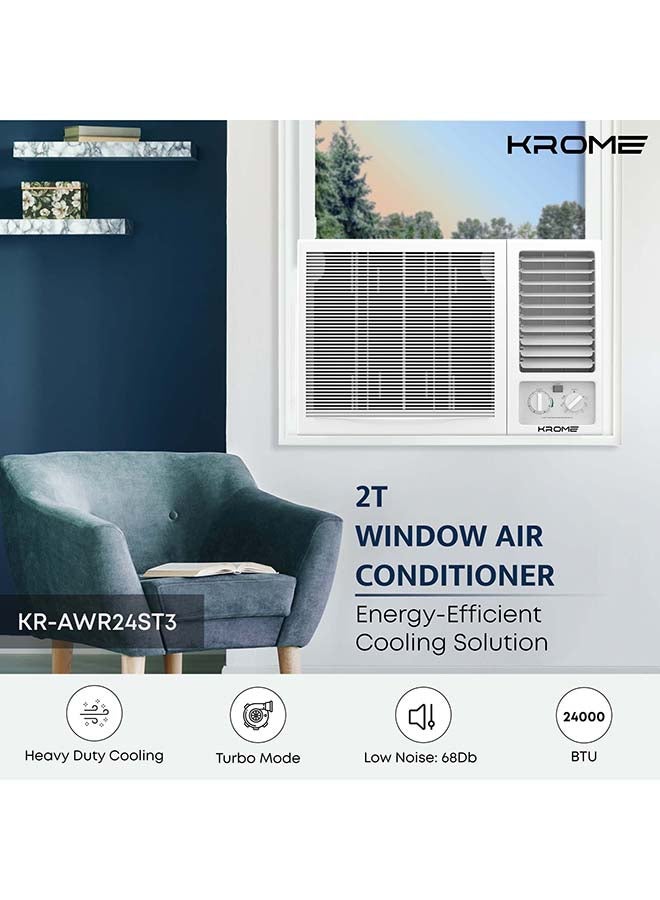 كروم مكيف هواء نافذة 2 طن، 24000 وحدة حرارية بريطانية، غاز R410a، ضاغط دوار، موفر للطاقة، ضوضاء منخفضة، أقصى تبريد، تحكم ميكانيكي، وضع توربو، ضمان لمدة عام - Image 2