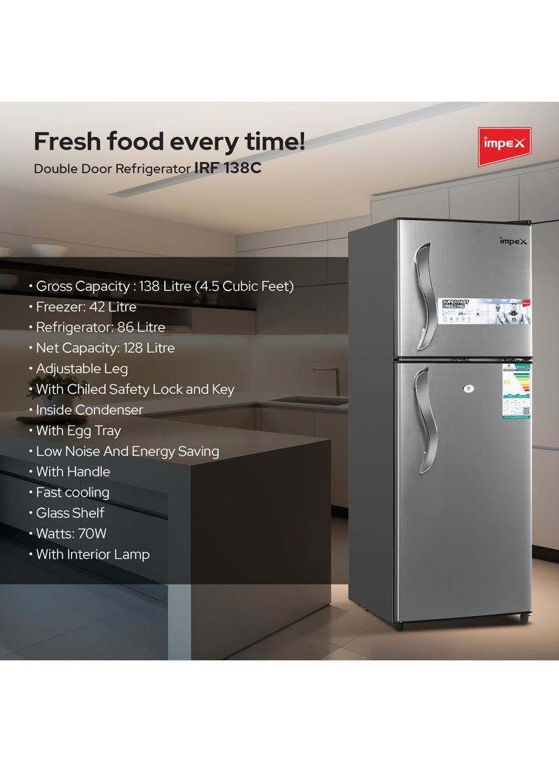 Impex - Double Door Refrigerator 4.5 Cu.Ft Freezer Fast Cooling Fridge Safety Lock And Key 138L 70 W IRF 138C Dark Grey - Image 1