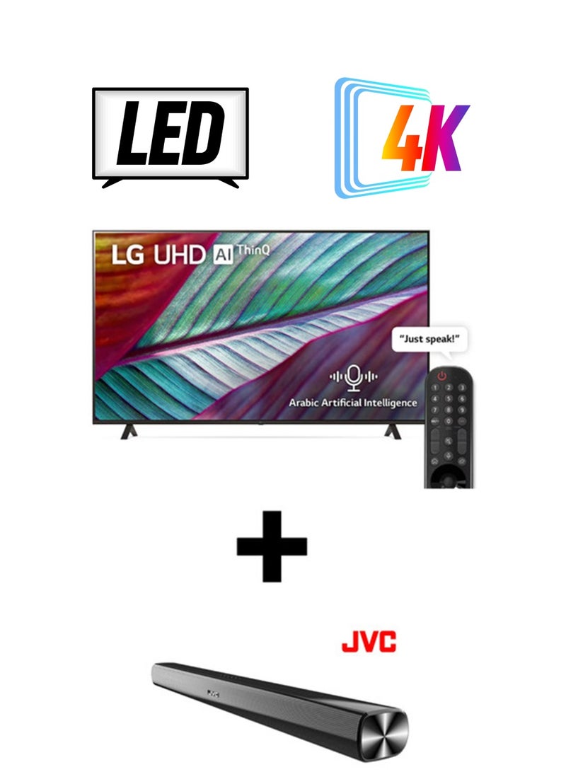 إل جي تلفزيون ذكي UHD 75 بوصة 4K، سلسلة UR78، جهاز تحكم عن بعد سحري، HDR، WebOS 2023 مع 2.0CH Soundbar Plus Bluetooth، USB، راديو Fm مع 600W PMPO  - Image 1