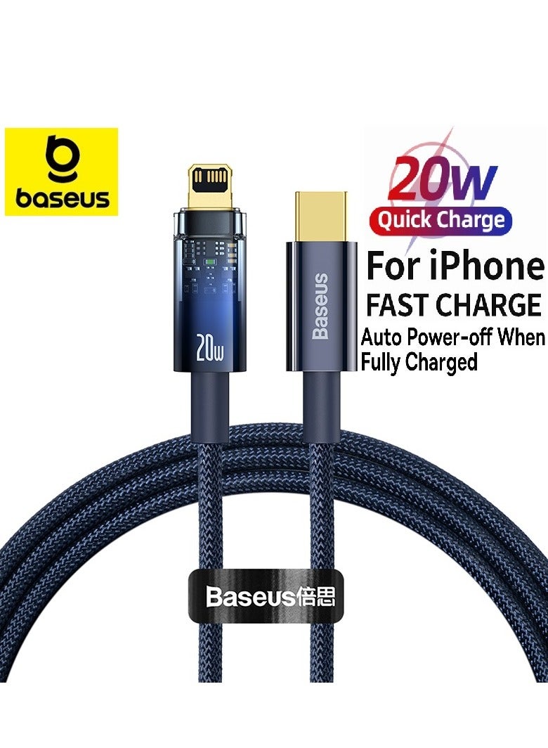 Baseus USB-C To Lightning Cable (1m), 20W Transparent Data Cable PD Charger Auto Power Off, Nylon Braided iPhone Cable With High-Speed Data Transfer For iPhone 14 13 12 11 Pro Max, XS X 8 7 6, iPad Blue  - Image 1