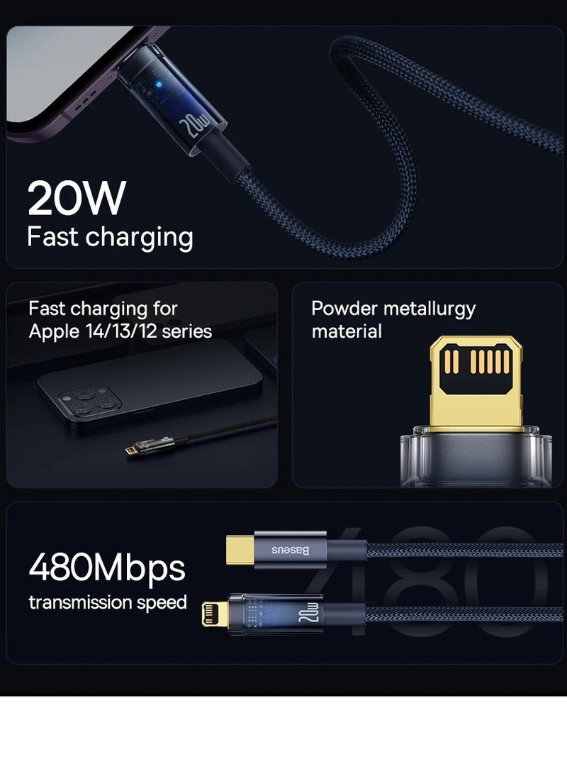 Baseus USB-C To Lightning Cable (1m), 20W Transparent Data Cable PD Charger Auto Power Off, Nylon Braided iPhone Cable With High-Speed Data Transfer For iPhone 14 13 12 11 Pro Max, XS X 8 7 6, iPad Blue  - Image 3