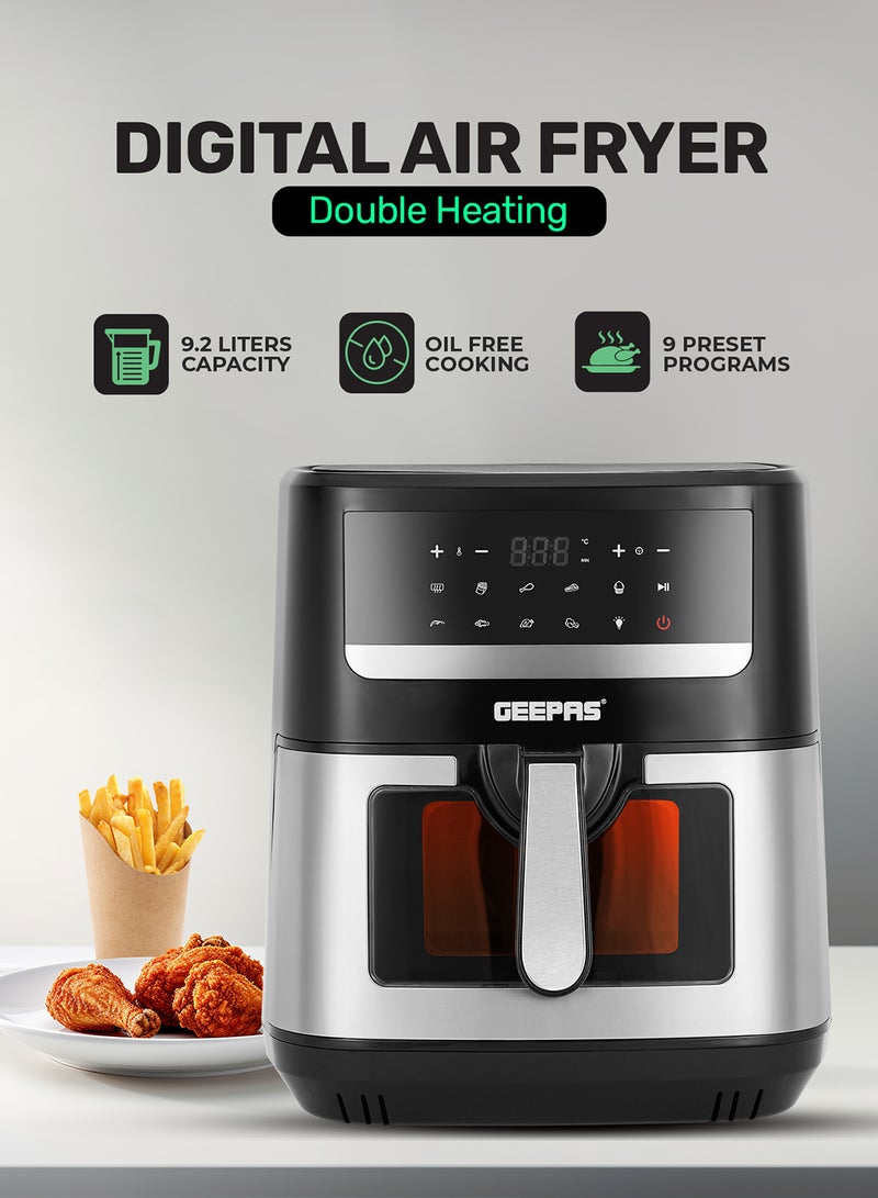 GEEPAS - Double Heating Digital Air Fryer 9.2 L Vortex Frying Technology | Digital Display 1-60 Min Timer| 9 Preset Programs For Fries, Steak, Chicken & more | 2 Years Warranty 9.2 L 2150 W GAF37544 Black/Silver - Image 1