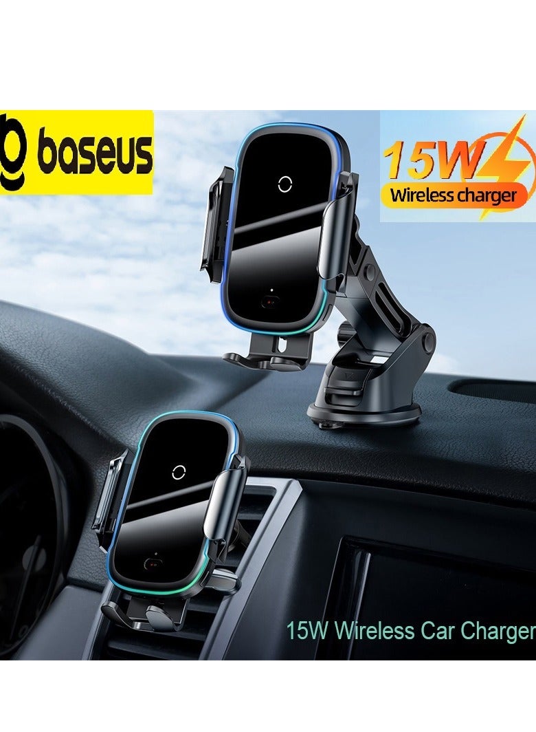 Baseus Wireless Car Charger, 15W Fast Charging Auto Clamping Car Charger Phone Mount Phone Holder fit for iPhone 15 14 13 12 11 Pro Max Xs, Huawei P30/P30 Pro (Not Support Samsung Devices) Black - Image 1