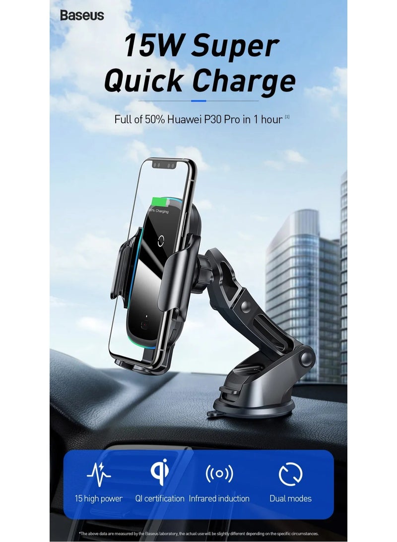 Baseus Wireless Car Charger, 15W Fast Charging Auto Clamping Car Charger Phone Mount Phone Holder fit for iPhone 15 14 13 12 11 Pro Max Xs, Huawei P30/P30 Pro (Not Support Samsung Devices) Black - Image 2