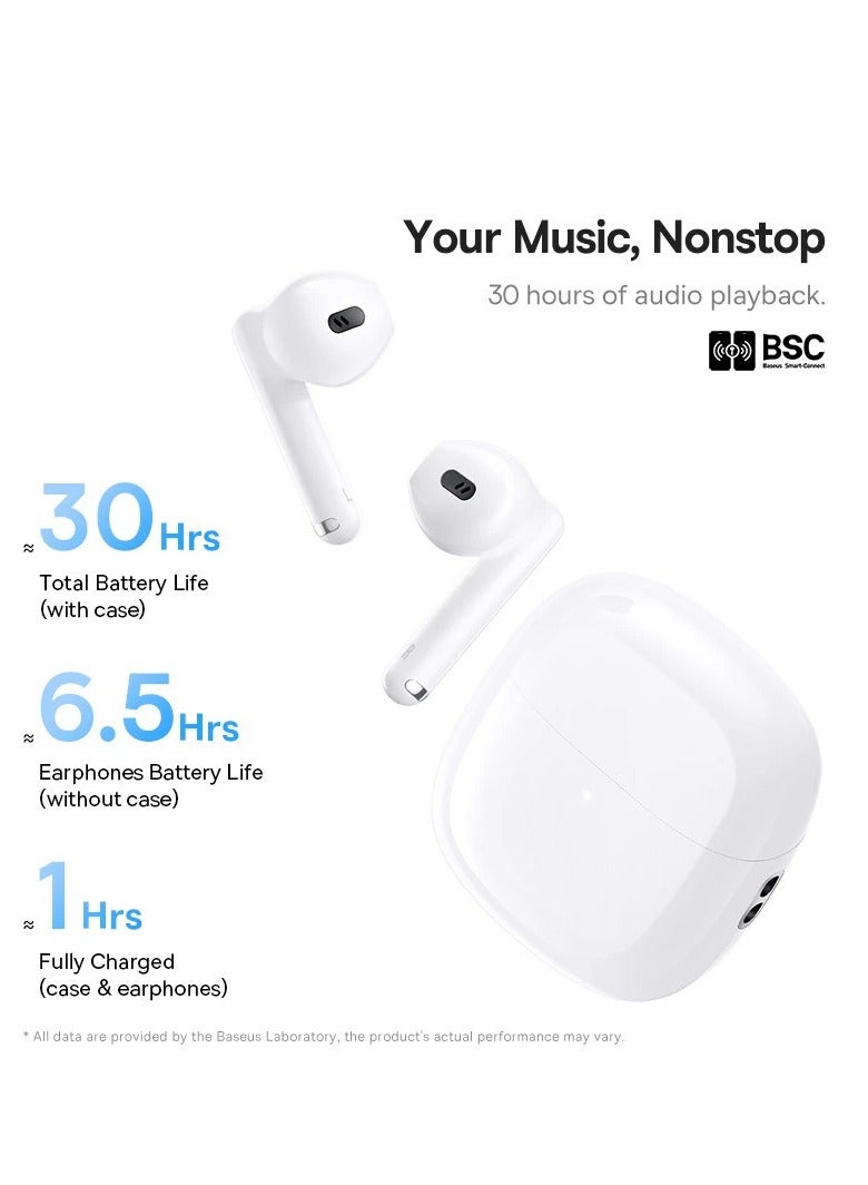 Baseus - Wireless Earbuds, 30H Playback Bluetooth V5.3 TWS Earbuds With 4 ENC Mics, Call Noise Reduction Headset Pro Low Latency Earbuds 30H Playtime Fast Charge Ear Buds Compatible for Android And iOS White - Image 1
