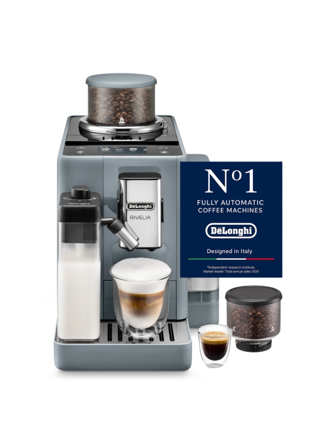 ديلونجي ماكينة صنع القهوة ريفيليا أوتوماتيكية بالكامل مع لاتيه كريما ساخن، وخافق حليب أوتوماتيكي، وماكينة صنع قهوة صغيرة الحجم من الحبوب إلى الكوب، و16 وصفة، وشاشة ملونة تعمل باللمس بالكامل - Image 1