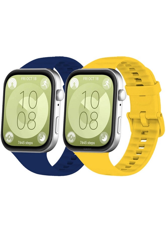 MARGOUN [for Huawei Watch Fit 3] 2 Pack Watch Band Soft Silicone Strap for Men Women Stylish Waterproof Watch Band Dark Blue/Yellow  - Image 2