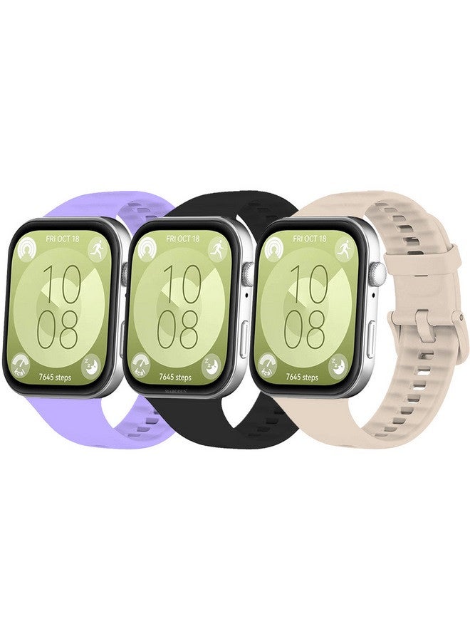 MARGOUN [for Huawei Watch Fit 3] 3 Pack Watch Band Soft Silicone Strap for Men Women Stylish Waterproof Watch Band Beige/Purple/Black - Image 2