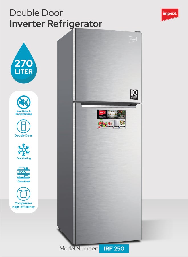 Impex Double Door Inverter Refrigerator No Frost Freezer Fast Cooling Fridge Energy Efficient And Silent Operation 270L 150 W IRF 250 Dark Silver - Image 1