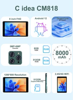 C idea 8 inch 8GB RAM 512GB ROM 8000mAh Battery Android 12 Tablet WiFi  800*1280 IPS For Adult Green  - Image 2