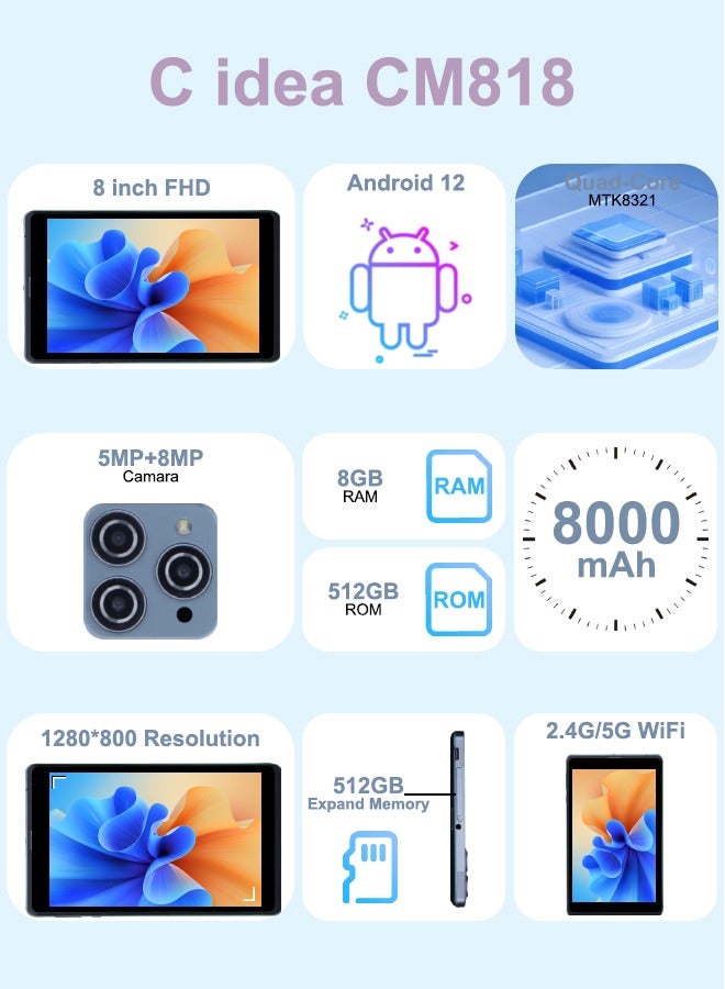سي آيديا 8 inch Android 12 Tablet WiFi 8GB RAM 512GB ROM 8000mAh Battery 800*1280 IPS For Adult Pink  - Image 2