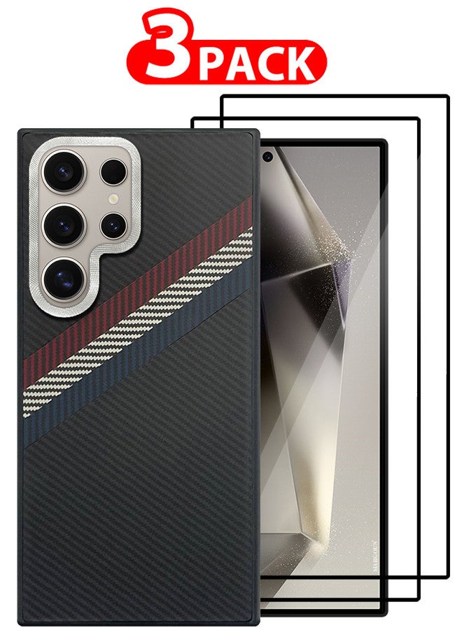 مارجون [for Samsung Galaxy S24 Ultra] 3 Packs Case Cover and 2 Screen Protectors Carbon Fiber Pattern Phone Case Slim Shockproof Back Cover Black/Red/Blue - Image 1